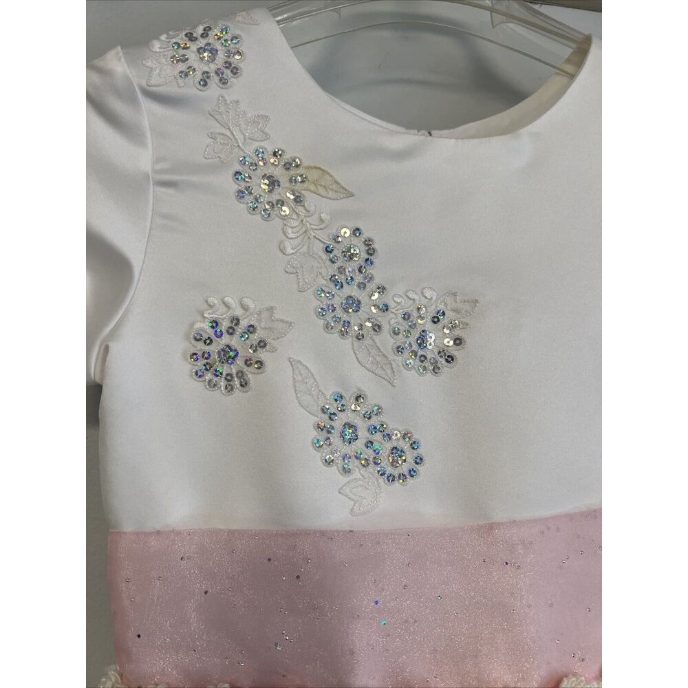 US Angels Flower Girls Dress White Silver Sparkle Pink Ribbon size 8 - Picture 4 of 7